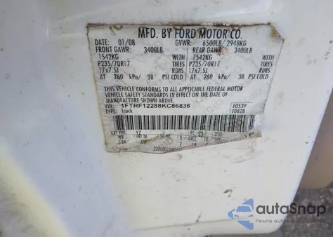 2008 Ford F-150 Stx/Xl/Xlt из США, поврежденный, VIN 1FTRF12288KC86836